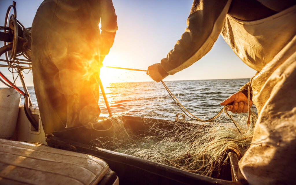 Fishermen at work, pulling the nets